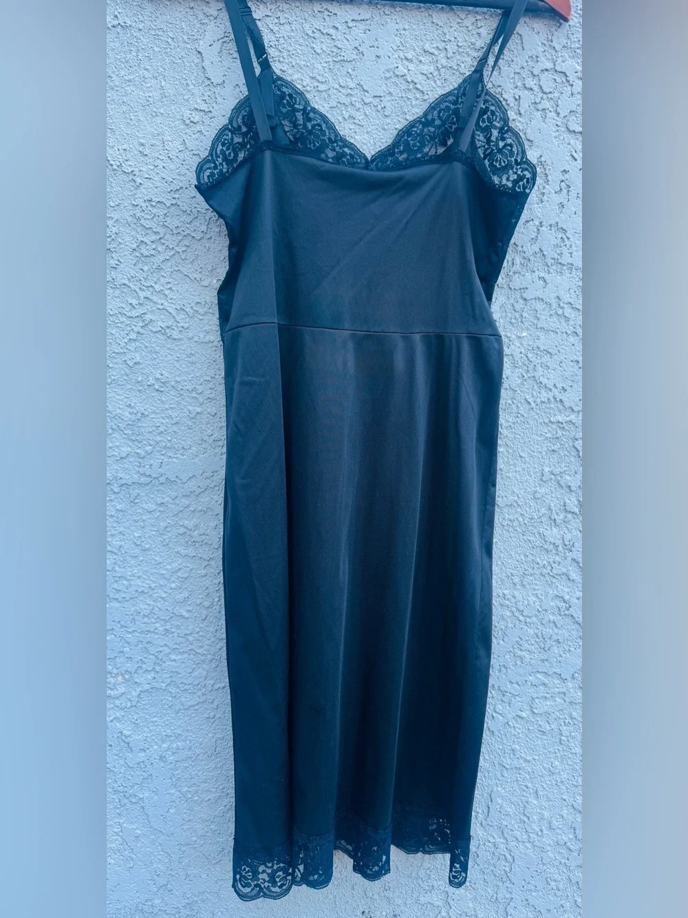 Vintage American Black Nylon Slip Dress with Lace Trim, Size Small Made In USA